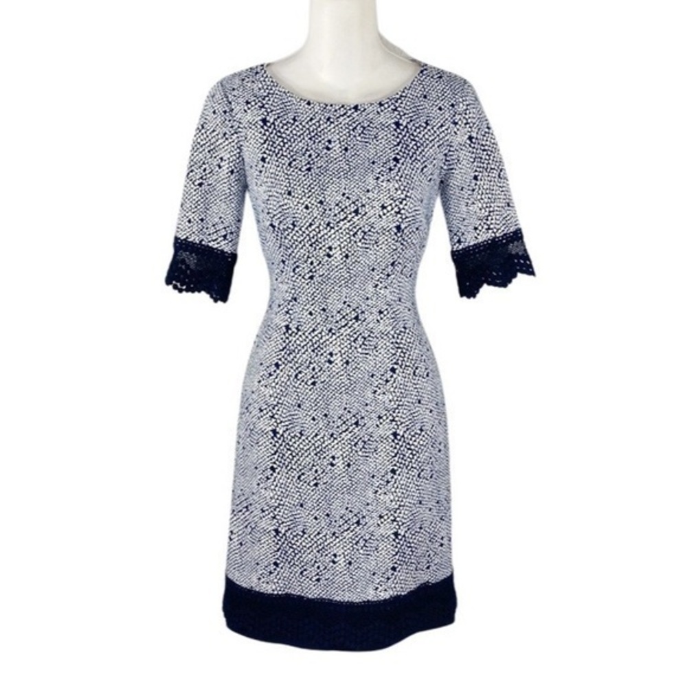 Antonio Melani navy white snake print scuba lace trim sheath dress JJ14